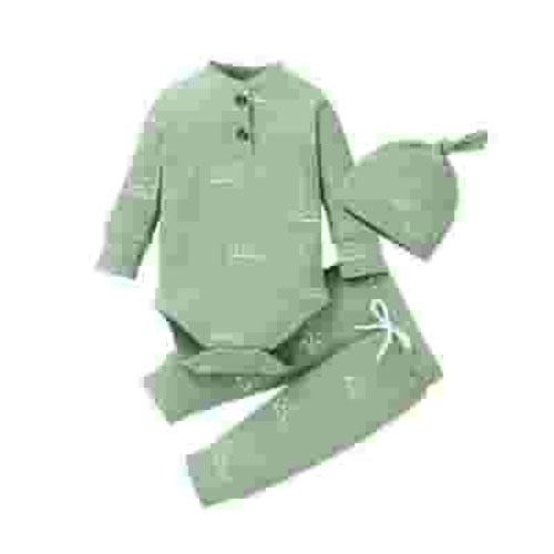 Newborn Infant Baby Boy Clothes Long Sleeve Romper Pants Headband Hat Outfits Set ( 0-3 Months, Green)