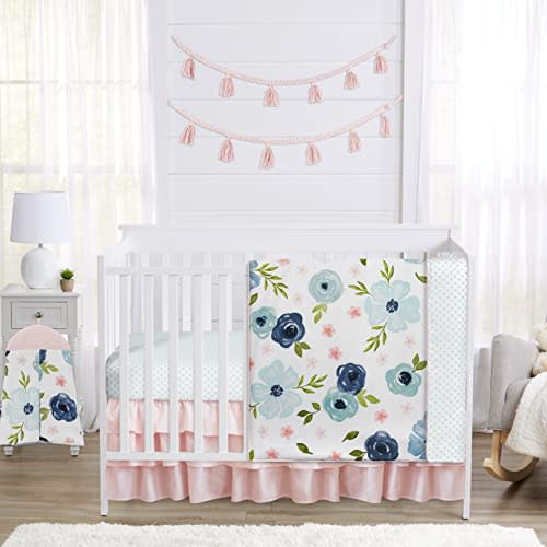 Sweet Jojo Designs 4-Piece Baby Crib Bedding Set (Pink/Blue Boho Floral) for Girls, Infants/Nursery incl. Blanket, Fitted Sheet, Skirt, Diaper Stacker (Watercolor, Rose, Polka Dot, Shabby Chic, Navy)