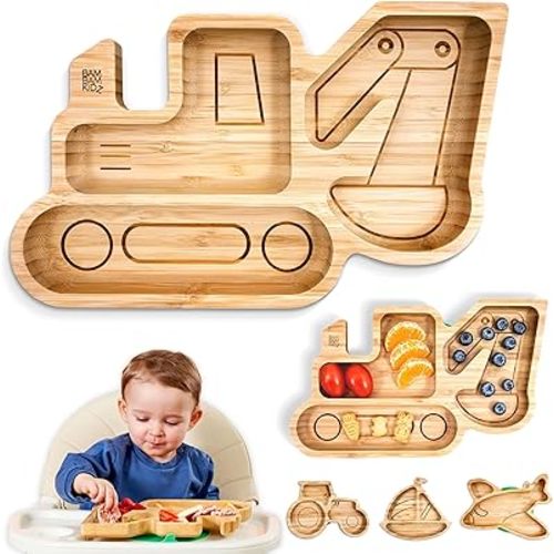 Bamboo Divided Suction Plates for Baby - Strong Suction Plates for Toddlers - Non-toxic All Natural Eco Friendly Materials - Digger