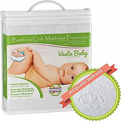 Crib Mattress Protector Noiseless Waterproof Pad Cover Jacquard Fitted Sheet Natural Bamboo Hypoallergenic Soft for Infant and Toddler Standard Size Cribs - Teddy Bear