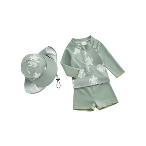 jaweiwi Toddler Kids Boys Rash Guard Swimsuit Set, 0 6 12 18 24 Months 2T 3T 4T 5T Long Sleeve Turtle Print T-shirt with Shorts and Hat Swimwear