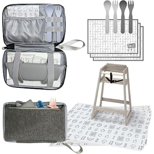 THEO'S Baby Led Weaning Supplies 12 Piece Clutch - Mealtime Essentials With 4 Disposable Splat Mats For Under High Chair, 3 Eco-Friendly Stick On Placemats, 2 Sets Ergonomic Plant Based Spoons & Forks