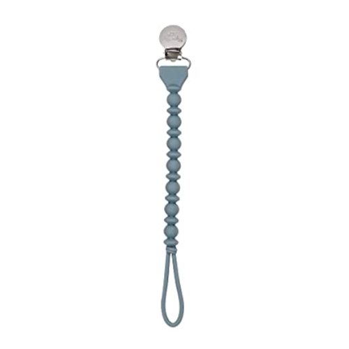 Itzy Ritzy Silicone Pacifier Clip; 100% Silicone Pacifier Strap with Clip Keeps Pacifiers, Teethers & Small Toys in Place; Features One-Piece Beaded Design & Silicone Cord, Storm Gray with Silver Clip