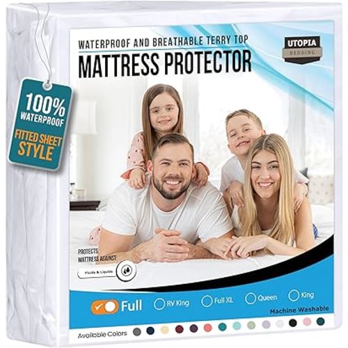Utopia Bedding Waterproof Mattress Protector Full Size, Premium 200 GSM Terry Mattress Cover, Soft & Breathable Bed Cover, Fitted Sheet Style with Stretchable Deep Pockets 15" (White)