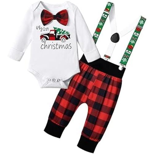 KANGKANG Baby Boy Christmas Outfit My First Christmas Ever Gentleman White Rompers + Suspender Pants 2Pcs Christmas Set