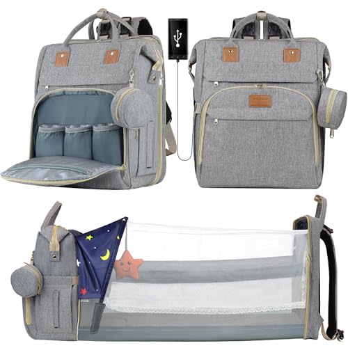 Diaper Bag Backpack for Mom and Dad, Large Capacity Baby Travel Bag with USB Charging Port, Waterproof Foldable Baby Bag for Boys and Girls, Stylish Maternity Backpack for Travel & Hospital,Grey