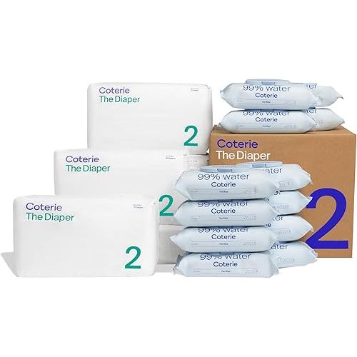 Coterie Baby Diapers + Wipes Baby Kit, Size 2 (186 Count) + 12 Wipe Packs (672 Wipes) Made with Plant-Based Fibers, Hypoallergenic, Designed for Sensitive Skin, Clean Ingredients