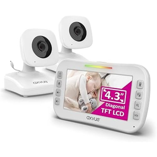 AXVUE Video Baby Monitor, Comfortable Slim Design Handheld Enclosure, 4.3" Screen Monitor & 2 Camera, Range up to 1000ft, 12 Hour Battery Life, 2-Way Talk, Night Vision, Temperature Monitor, No WiFi.