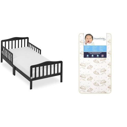 Dream On Me Classic Design Toddler Bed in Black, Greenguard Gold Certified and Dream On Me Foam 2-in-1 Breathable Twilight 5" Spring Coil Crib and Toddler Bed Mattress Firm,Plush with Reversible Design I White/Brown I Greenguard Gold Certified I JPMA Cert
