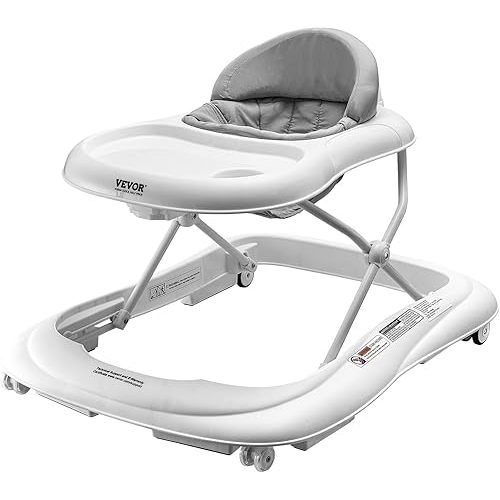 VEVOR Baby Walker, Foldable Baby Walkers and Activity Center on Wheels, 3-Level Height Adjustable Toddler Infant Walker with Feeding Tray, Anti-Rollover Activity Walker Helper for Boy Girl 6-12 Months