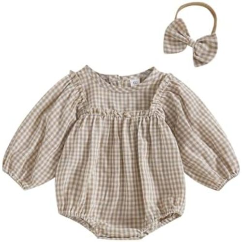 Infant Baby Girl Bubble Romper Boho Clothes Long Sleeve Cotton Smocked Jumpsuit Outfit with Headband