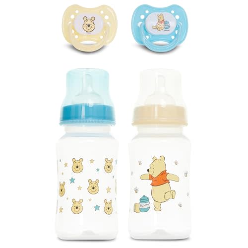 Disney Baby Bottles and Pacifiers Set – 2 Hourglass-Shaped 11oz Bottles + 2 Orthodontic Pacifiers – Officially Licensed Mickey, Minnie, Pooh & Dumbo Designs – BPA-Free Feeding Gift Set