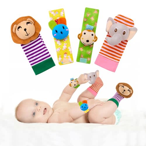 Yeeeasy Baby Rattle Cotton Socks and Wrist Rattle Strap Set, Infant Toys 0 3 6 9 12 Months, Baby Gifts for Boys and Girls, Develop Babies Sensory Toys