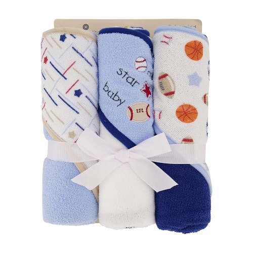 Cudlie Buttons & Stitches Baby Boy 3 Pack Rolled/Carded Hooded Towels in All Star Baby Print