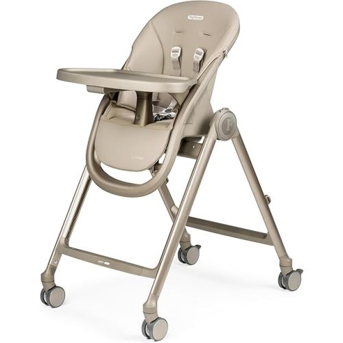 Peg Perego Living, Grow with Baby Folding High Chair & Recliner, Height Adjustable, Quick Clean & Easy Push Wheels for Babies & Toddlers, Made in Italy, Space Sand