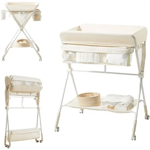 KUB Diaper Changing Table, Portable Baby Changing Table with Wheels, Folding Toddler Changing Table with 3-Level Adjustable Height, Portable Changing Table with Storage Oatmeal