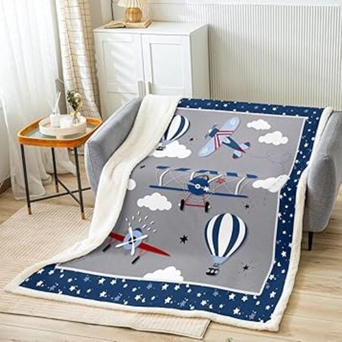 Kids Cartoon Airplane Throw Blanket Navy Stripes Hot Air Balloon Aircraft Bed Blankets Boys Teens Room Decor Cloud Starry Moon Fleece Blanket Chic Grey Sherpa Blanket,for Chair/Sofa,30"x40"