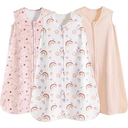 david's kids 3 Pack 100% Cotton Baby Sleep Sack 0-6 Months, Ultra Soft Baby Wearable Blankets with 2-Way Zipper, Comfy Sleeping Bags for Infant Newborn Boys Girls Neutral, Small Size, Pink Floral