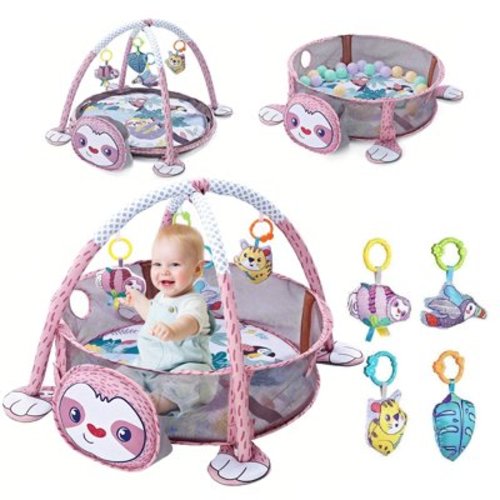 KOPPOP Baby Play Gym, 3-in-1 Activity Mat with Hanging Toys, Ocean Balls, Sloth Storage Bag, for Newborn Toddlers 0-3