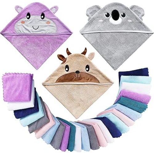 3 Pack Baby Hooded Bath Towel with 24 Count Washcloth Sets for Newborns Infants & Toddlers, Boys & Girls - Baby Registry Search Essentials Item - Cattle, Koala, Hippo