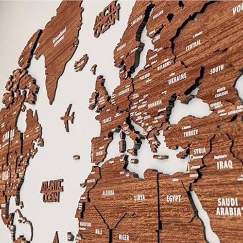 Multilayered 3D Wooden World Map, Travel Map with States and Capitals, Wall Decor For The New House, Gift For Travelers, Office Decor, Birthday Present, Living Room Decoration, Gift for Boys, Educational Activity for Children (M, Light Brown)