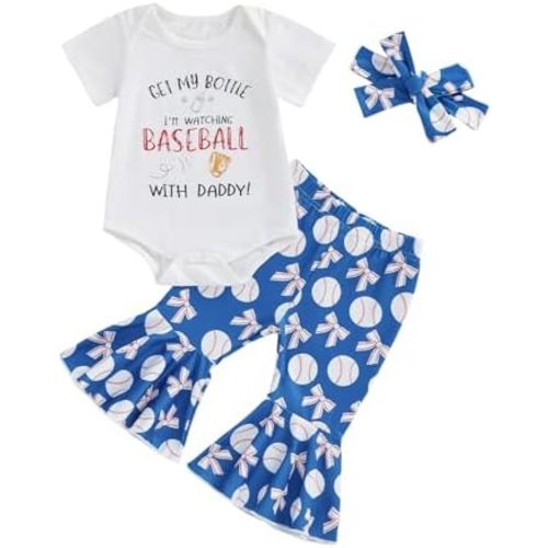 Newborn Baby Girl Baseball Outfit Short Sleeve Romper Bell Bottom Flare Pants Set Headband 3Pcs Infant Summer Clothes