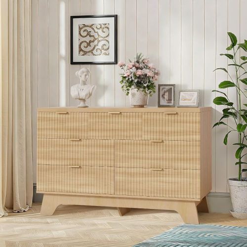 Acekool 8 Drawer Fluted Dresser Natural Oak Curved Storage Cabinet for Bedroom Living Room Entryway