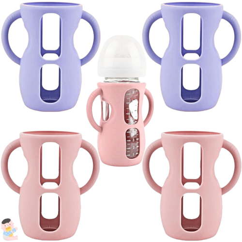 4 Pack Silicone Sleeves for Avent Natural Glass Baby Bottles, Silicone and Easy-Grip Handles for Drop Protection, Compatible with Philips Avent 4/8 OZ Glass Bottle (2 Pink+2 Purple, 8 OZ)