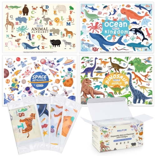 Maliton Disposable Placemats for Baby - 4 Interesting Design - Waterproof Mats to Mess - 18"L x 12"W