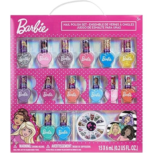 Barbie Movie 18 Piece Set Kids Water-Based Nail Polish Set, Includes Nail Polish, Nail Gems, Nail File for Age 3+, Parties Birthday by Townley Girl