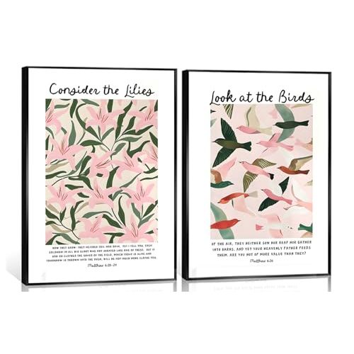SETRIS 2Pcs Christian Boho Bible Verse Canvas Wall Art, Matthew 6:26 6:28 Consider the Lilies Look at the Birds Poster Print, Modern Aesthetic Wall Decor Artwork for Living Room Bedroom Home Decoration【UNFRAMED】