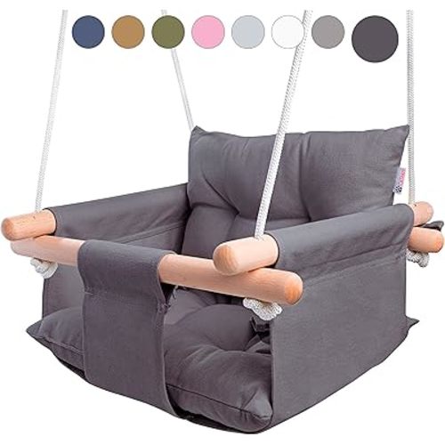 CaTeam - Canvas Baby Swing, Wooden Hanging Swing Seat Chair with Safety Belt, Durable Baby Swing Chair, Outdoor and Indoor Swing for Kids, Mounting Hardware Included, Dark Gray