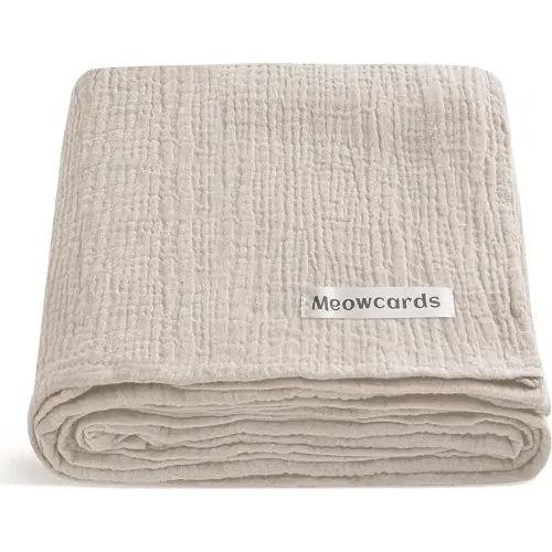 meowcards Muslin Swaddle Blankets for Baby, Unisex Baby Boys Girls Essentials, Large 47 x 47 inches Boho Style Receiving Blankets Newborn Registry Must Haves, Perfect (Beige, Simple)