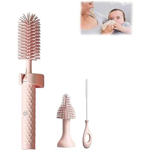 Toph Bottle Brush, Toph 360 Bottle Cleaner, Toph 360 Cleaner, Toph Bottle Brush Electric,Electric Bottle Brush Cleaner,Portable Travel Electric Baby Bottle Brush Set,Long Handle (Three Piece Pink)
