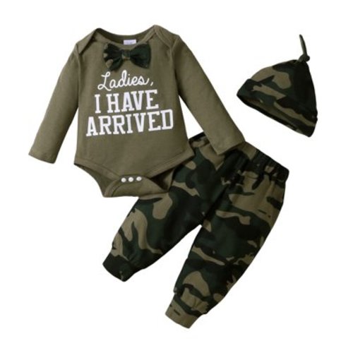 3 Months Baby Boys Clothes 6 Months Boys 3PCS Fall Winter Outfits Set Letter Print Newborn Boys Long Sleeve Top Camo Pants Set with Hat Green