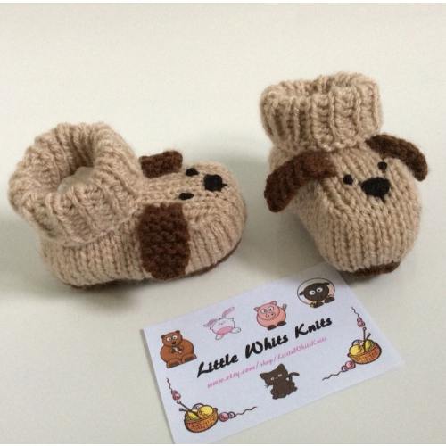 Dog knitted baby booties, knit animal cot shoes, puppy baby boots, handmade baby shower gift, unisex boys girls knitted socks