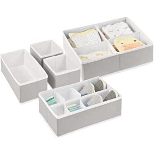 mDesign Soft Fabric Dresser Drawer/Closet Divided Storage Organizer Bins for Nursery - Holds Blankets, Bibs, Socks, Lotion, Clothes, Shoes, Toys, Jane Collection - Set of 5 - Stone Gray/White