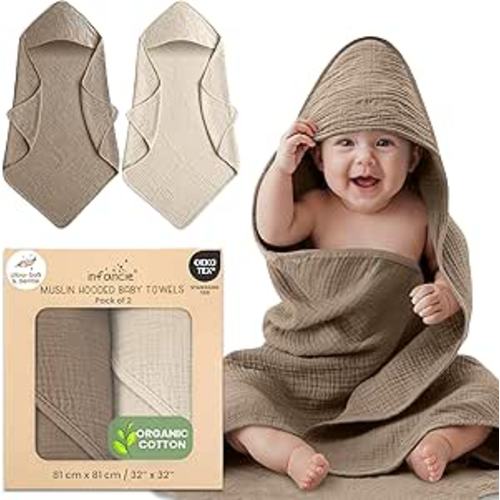 100% Organic Cotton Muslin Baby Hooded Towels 32x32 Inch – 2 Pack Soft & Absorbent Hooded Baby Towels For Boys & Girls, Premium Hooded Towels, Ultra-Gentle Baby Essentials in Deep Olive/Ivory