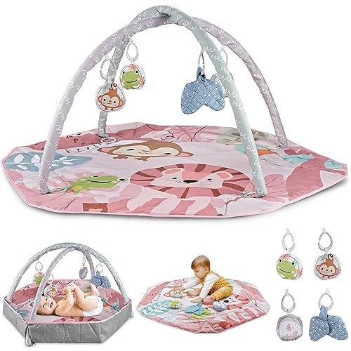 Henry & Colin Baby Activity Play Gym Mat with Hanging Toys, Soft Padded Mat, Sensory Development Play Area for Newborns and Infants, Convertible Play Center for Tummy Time and Fun Learning (Pink)