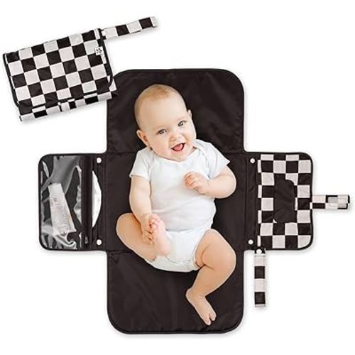 Tiny Twinkle Portable Diaper Changing Pad-Foldable Waterproof Changing Mat&Portable Changing Pad for Travel,Baby Changing Station with Smart Wipes Pocket&Storage (Black Checkers)