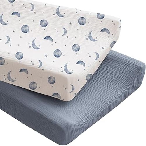 Konssy 2 Pack Muslin Changing Pad Covers for Boys, Ultra Soft & Breathable Cotton Baby Diaper Changing Table Covers, Neutral Nursery Diaper Changing Pad Sheets (Planet,Navy)