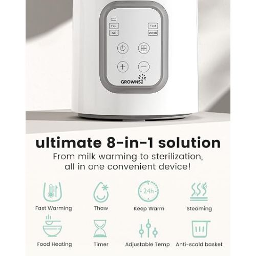 Bottle Warmer, Grownsy 8-in-1 Fast Baby Bottle Warmer with Timer, Safe for Breastmilk Nutrients, Accurate Temperature Control, with Defrost, Sterili-zing, Keep Warm, Heats Baby Food & Bottles