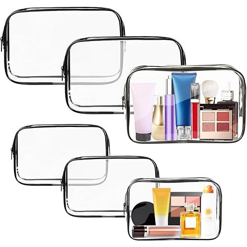 AURUZA 6 Pack Clear Toiletry Bag, Portable Travel Makeup Pouch with Zipper, TSA Approved Organizer, PVC Cosmetic for Airport Airline Compliant