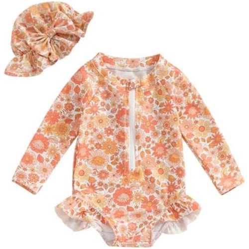 Toddler Baby Girl Long Sleeve Swimsuit One-Piece Zipper Swimsuit Girls Bathing Suit Rash Guard with Sun Hat