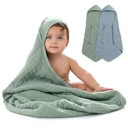 Comfy Cubs Hooded Baby Towel 2-Pack, Large 32 x 32 Inch - 6 Layer 100% Muslin Cotton for Babies, Toddlers, Kids - Soft & Absorbent Baby Bath Towels - Unisex Design for Bath Time, Pacific Blue and Fern