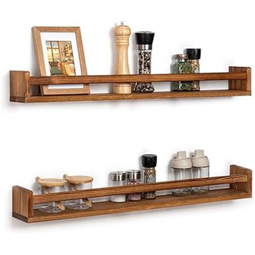 Fun Memories Nursery Book Shelves - Rustic Natural Solid Wood Floating Bookshelf for Kids - Wall Book Shelves for Kids Room (Carbonized, 32inch - 2P)