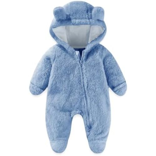 UVIPC Newborn Baby Fleece Footie Snowsuit Winter Onesie Cartoon Bear Warm Hooded Outfits for Girls Boys
