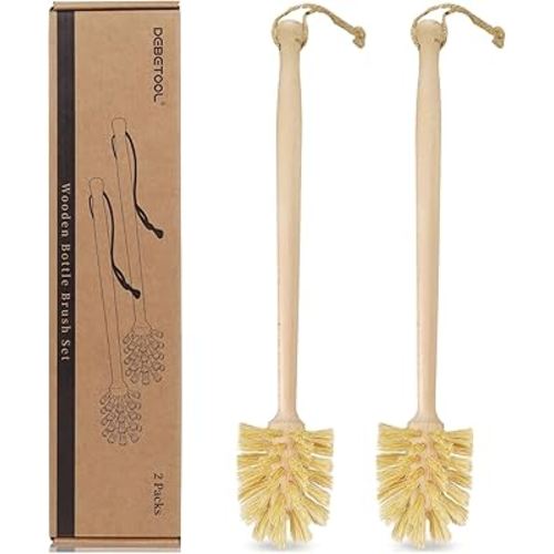 2-Pack Natural Wooden Bottle Brush with Sisal Bristles, Long Handle Bottle Brush Cleaner for Wide Mouth Jars, Water Bottles, Cups, Glasses, Baby Bottles (Non-Scratch)