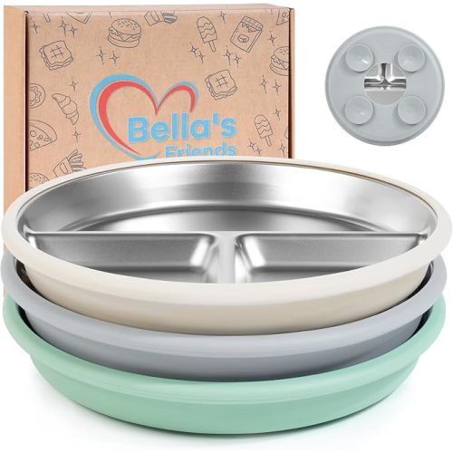 Bella's Friends Stainless Steel Kids Plates 8" Suction Plate for Baby,3 Packs Non-Toxic Divided Toddler Plates,Food-Grade Silicone Plate for Baby,Dishwasher Safe,beige,grey,green