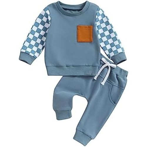 Toddler Baby Boy Fall Winter Clothes Checkerboard Long Sleeve Sweatshirt Pants Sweatsuit Set Checkered Plaid Outfit